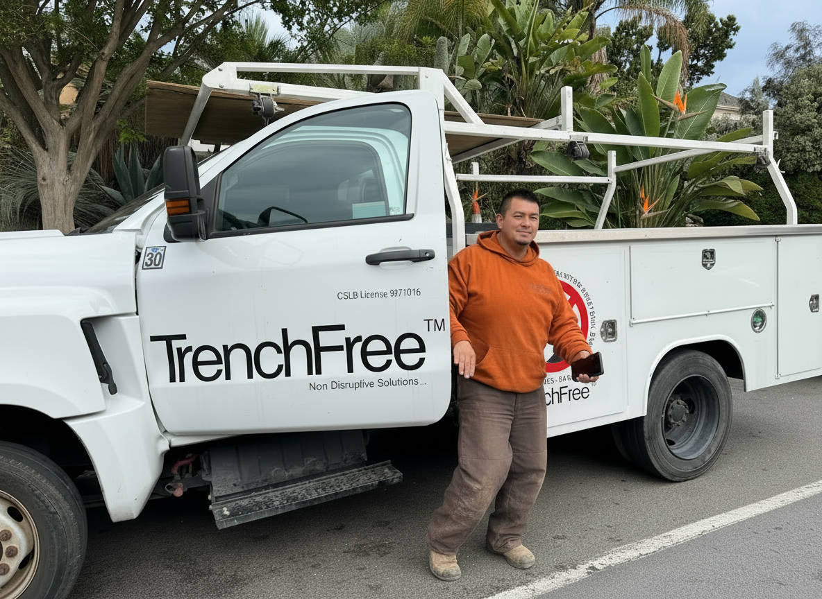 Man in orange hoodie exiting a white pickup truck