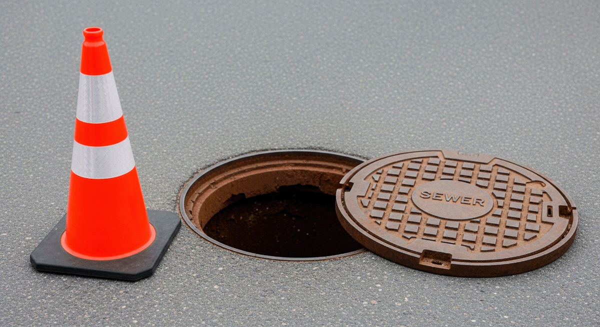 Sewer manhole cover with orange traffic cone